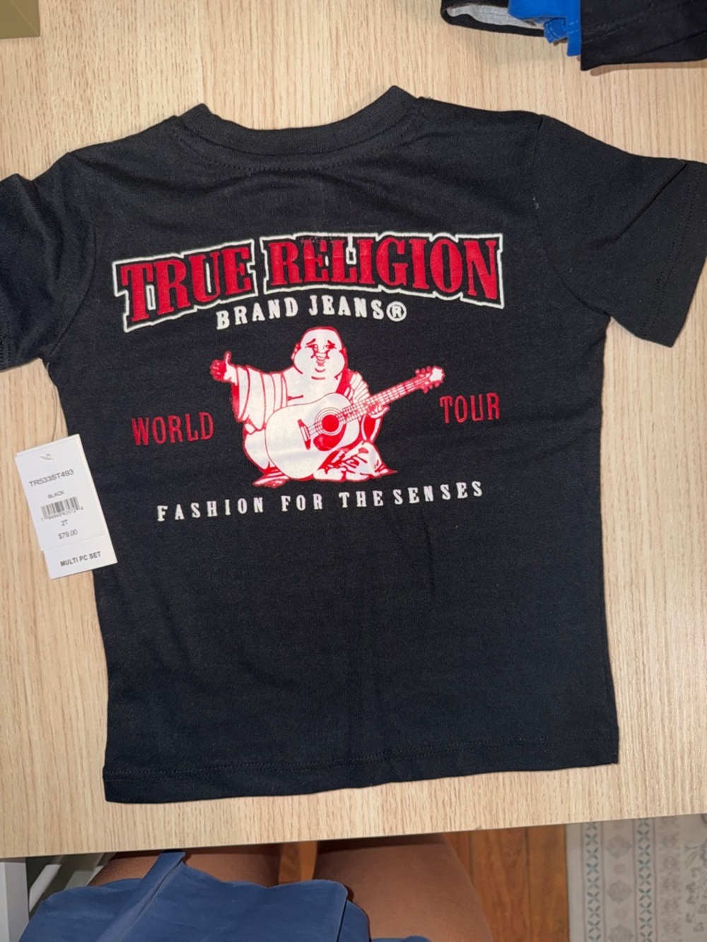 True Religion Black Tee with Red Graphic Buddha Guitar